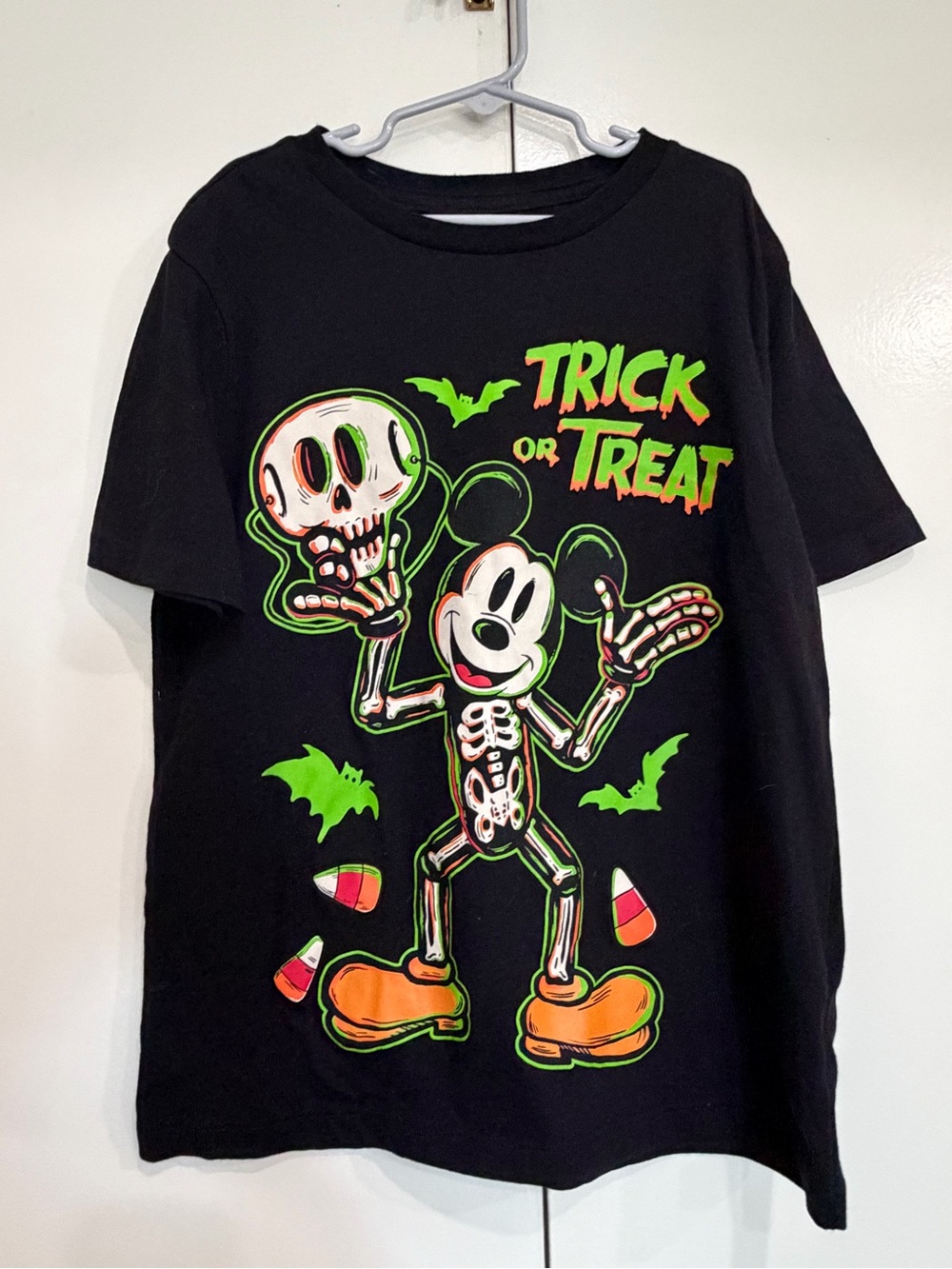 Disney Black Halloween Skeleton Mouse Trick or Treat Tee with Neon Accents